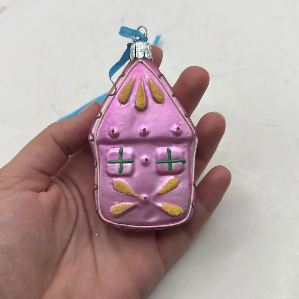 Pier 1 Mini House Pink Handpainted Glass Christmas Ornament Collectible Decor